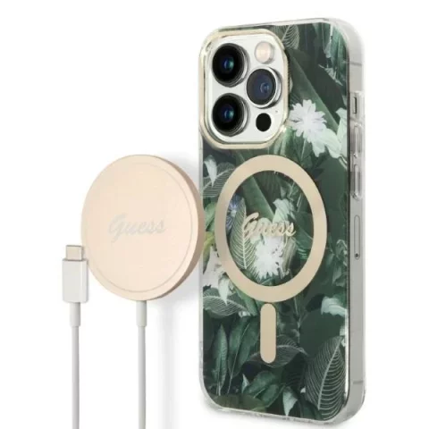 Zestaw Guess GUBPP14XHJEACSA Hülle Ladegerät iPhone 14 Pro Max 6,7" zielony/grüne Hartschale Jungle MagSafe
