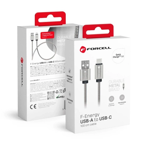 USB-A-auf-USB-C-Kabel 12 W 1 m Forcell Steel QC 3.0 CarPlay/Android Auto