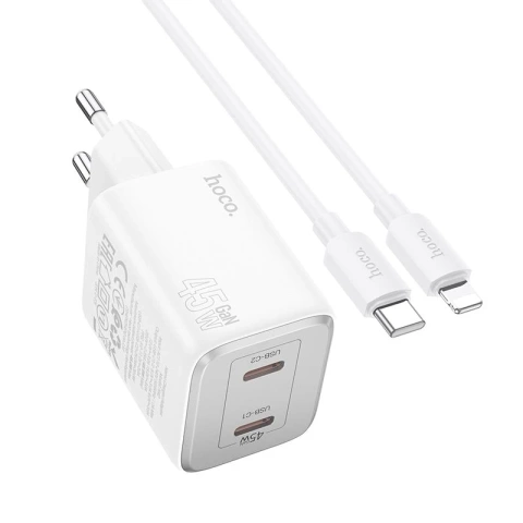 HOCO Wandladegerät 2 x Typ-C-Kabel Typ C zu Lightning PD QC 45W GaN Weiß