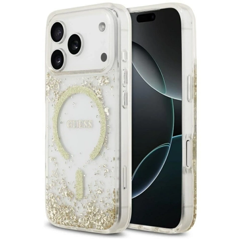 Etui Guess MagSafe do iPhone 17 Pro Resin Bottom Glitter Gold