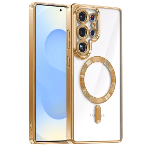 MagSafe-Hülle für Apple iPhone 16 Pro Max Alogy Glamour Luxus-Ringgehäuse Gold-Transparent