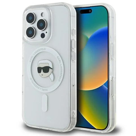Karl Lagerfeld Hülle für iPhone 16 Pro Max 6,9" Weißes MagSafe Hardcase IML Metall Karl Head
