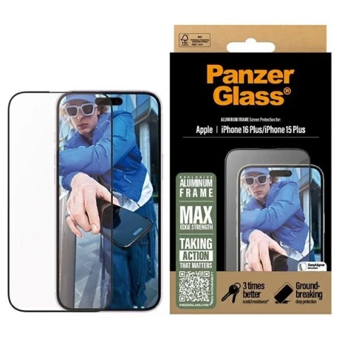 Gehärtetes Glas für iPhone 16 Plus PanzerGlass Displayschutzfolie Aluminiumrahmen Ultraweite Passform mit Aluminiumrahmen