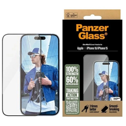 PanzerGlass Displayschutz Ultra-Wide Fit aus gehärtetem Glas für iPhone 16