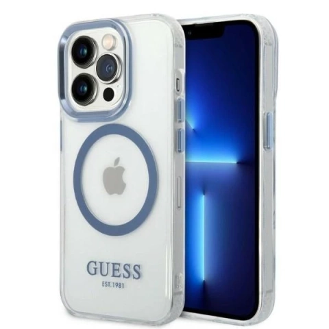 Etui Guess GUHMP14LHTRMB für iPhone 14 Pro 6,1" niebieski/blaue Hartschale Metal Outline Magsafe