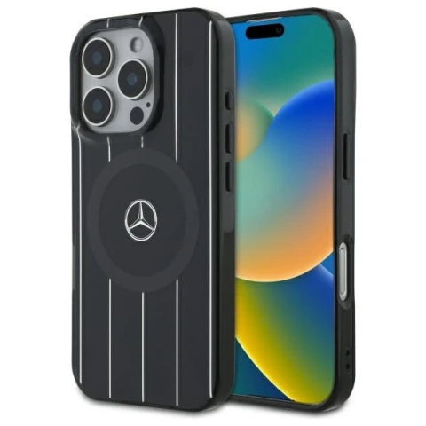 Mercedes-Etui für iPhone 16 Pro Max 6,9" Schwarzes Hardcase MB Double Layer Crossed Lines MagSafe