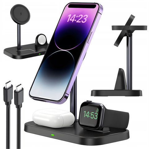Qi Mag Safe 15W induktives Ladegerät für iPhone Apple Watch AirPods 3in1 kabellose Standstation Schwarz