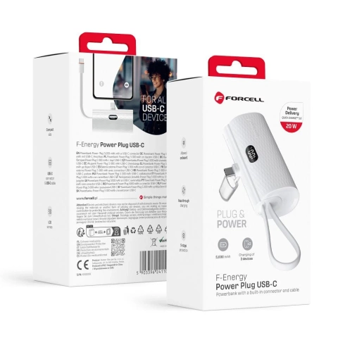 FORCELL F-ENERGY Power Plug F5K3 Powerbank mit integriertem Typ-C PD-Anschluss 20W 5000mAh Weiß