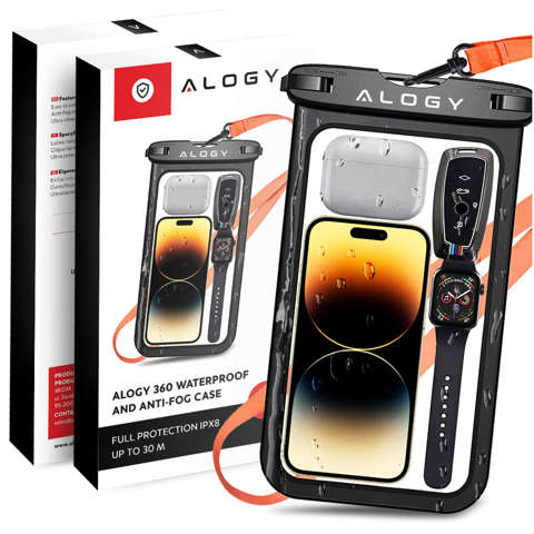 Alogy Waterproof Case universelle wasserdichte IPX8-Tasche für Telefone bis zu 9 Zoll und Zubehör Schwarz