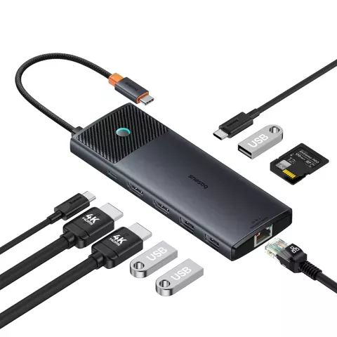 HUB 10w1 Baseus Metal Gleam Series USB-C bis USB-C PD / USB-C / 3x USB-A / 2x HDMI / RJ-45 / SD / TF - schwarz