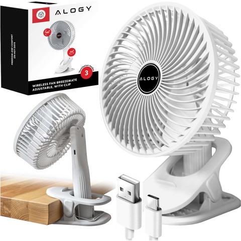 Schreibtischventilator, Standventilator, kleiner Umwälzventilator mit Clip, kabelloser Handventilator, 500 mAh, USB-C, Alogy White