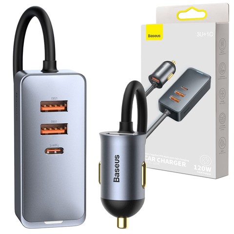 Baseus Share Together Autoladegerät mit 3x USB-C 120W grauem Verlängerungskabel