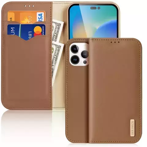 Dux Ducis Hivo Leather Flip Cover Echtes Leder Wallet für Karten und Dokumente iPhone 14 Pro Max Braun