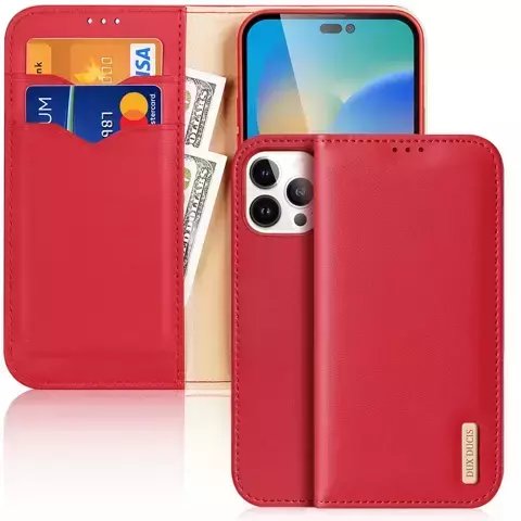 Dux Ducis Hivo Leather Flip Cover Echtes Leder Wallet für Karten und Dokumente iPhone 14 Pro Max Rot