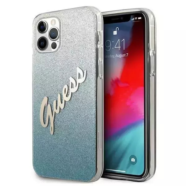 Guess GUHCP12MPCUGLSBL iPhone 12/12 Pro 6,1" niebieski/blaues Hardcase Glitter Gradient Script