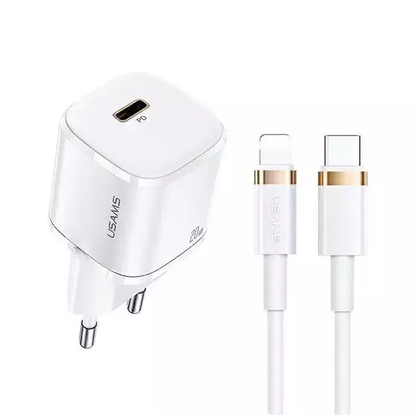 USAMS Wandladegerät 1x USB-C T36 mini 20W USB-C-Lightning Kabel weiß/weiß PD3.0 Schnellladung XFKXLOGTL02 (US-CC124 US-SJ484)