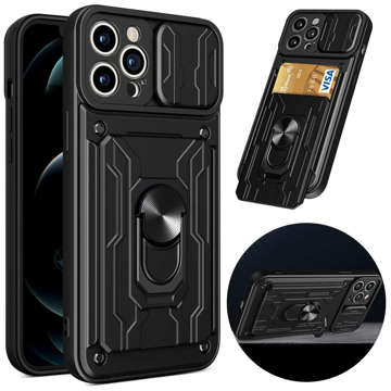 Alogy Camshield Stand Ring Wallet Case mit Kameraabdeckung und Kartenfach für Apple iPhone 14 Pro Black Glass