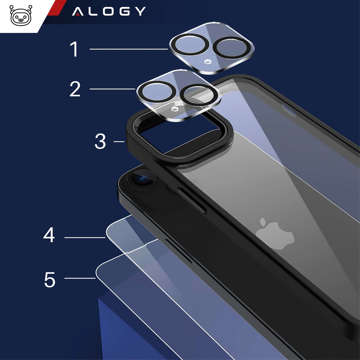 Hülle für iPhone 14 Set mit 4 Brillen 5in1 gepanzert 360 Alogy Hybrid 2x Bildschirmglas 2x Linse schwarz-transparent