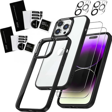 Hülle für iPhone 15 Pro Max Gehäuse Case 2x Bildschirmglas und 2x Linse gepanzert Alogy 360 Hybrid Set 5in1 schwarz und transparent