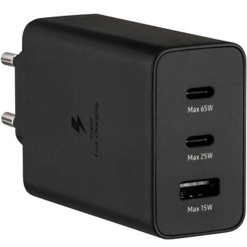 Schnelles 65-W-Ladegerät, 2 x USB-C Typ C PD, USB-A, USB Alogy, 3 Anschlüsse, starkes schwarzes Gehäuse