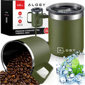 Thermobecher 2er-Set Thermobecher 420 ml mit Henkel und Deckel für Kaffee und Tee, Stahl Alogy Green