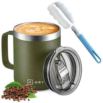 Thermobecher 420 ml mit Griffdeckel für Kaffee, Tee, Stahl, kalte und heiße Getränke Alogy Green Waschbürste