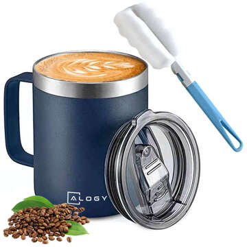 Thermobecher 420 ml mit Griffdeckel für Kaffee, Tee, kalte und warme Getränke aus Stahl, Alogy, Marineblau, Waschbürste