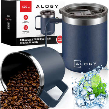 Thermobecher-Set mit 2 Tassen Thermobecher 420 ml mit Griffdeckel für Kaffee Tee Stahl Alogy Marineblau