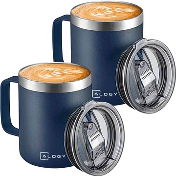 Thermobecher-Set mit 2 Tassen Thermobecher 420 ml mit Griffdeckel für Kaffee Tee Stahl Alogy Marineblau