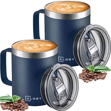 Thermobecher-Set mit 2 Tassen Thermobecher 420 ml mit Griffdeckel für Kaffee Tee Stahl Alogy Marineblau