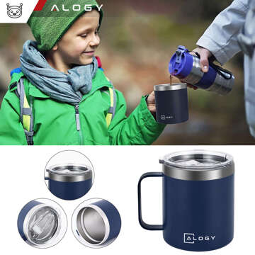 Thermobecher-Set mit 2 Tassen Thermobecher 420 ml mit Griffdeckel für Kaffee Tee Stahl Alogy Marineblau