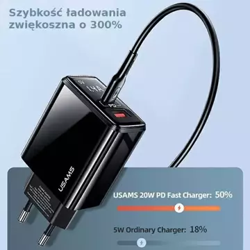 USAMS Wandladegerät 1xUSB-C 1xUSB T40 20W LED (nur Kopf) PD3.0 QC3.0 Schnellladung schwarz/schwarz CC133TC01 (US-CC133)