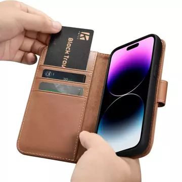 iCarer Wallet Case 2in1 Handyhülle für iPhone 14 Pro Max Anti-RFID Leder Flip Cover Braun