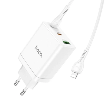 Ładowarka sieciowa HOCO 2 x Typ C + USB A + kabel Typ C do Lightning PD QC3.0 3A 35W Biała