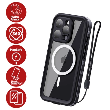 Etui Wodoodporne do Apple iPhone 15 Pro, Pancerna Obudowa 360° z Przezroczystym Tyłem, Kompatybilna z MagSafe, HydroArmor™ IP68 Case – Czarne