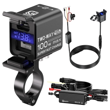 Ładowarka Motocyklowa Kewig, Uniwersalna Aluminiowa 100W, Dwukierunkowa z Woltomierzem, Szybkie Ładowanie USB-A i USB-C, Inteligentna i Wodoodporna – Czarna