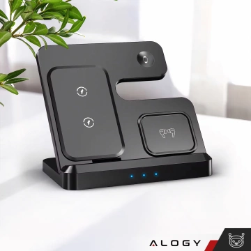 Ładowarka Bezprzewodowa Indukcyjna Qi QC 3.0 3w1 Szybka do Apple iPhone Airpods Watch Stacja ładująca 15W czarna 