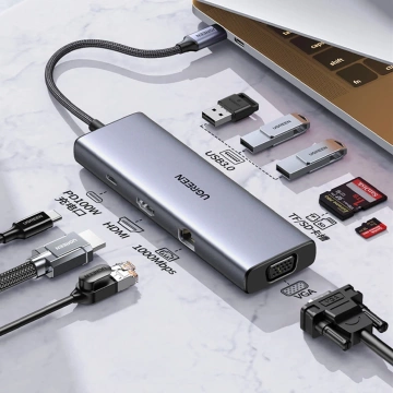 Adapter Ugreen CM498 USB-C HDMI VGA RJ45 USB-A SD PD 100W Hub 9w1 Szary
