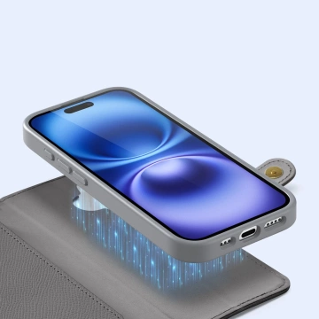 Etui skórzane do iPhone 16 MagSafe Dux Ducis Lawa + portfel – szare