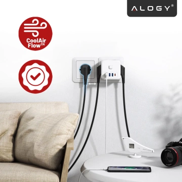 Rozgałęźnik sieciowy rozdzielacz Ładowarka adapter złodziejka 3 gniazdka EU 3x USB + USB-C C 7w1 Alogy Biały