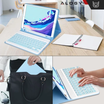 Etui ochronne z klawiaturą Alogy case z miejscem na rysik klawiatura bezprzewodowa do Apple iPad 11 2025 / iPad 10.9 2022 niebieskie + szkło