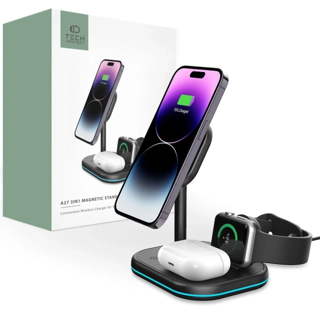 QI15W-A27 3IN1 magnetisches MagSafe kabelloses Ladegerät für iPhone/AirPods/Watch Schwarz