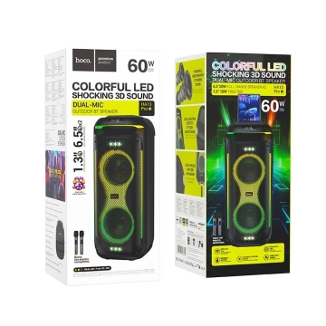 HOCO HA13 Pro zestaw karaoke 60 W, RGB LED, 2× mikrofony TWS, BT 5.4