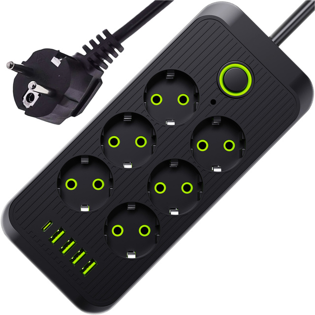Verlängerungskabel Steckdosenleiste 6 Steckdosen AC EU-Steckdosen 4x USB USB-C Typ C-Steckdosen 2500 W Schwarz