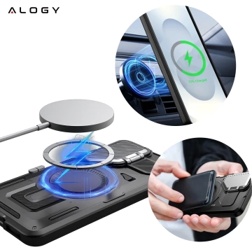 Etui do Samsung Galaxy S25 Case do MagSafe Wzmocniona Pancerna ochrona obiektywów z funkcją podstawki obudowa ochronna na telefon Alogy HeavyDuty Mag™️Czarne
