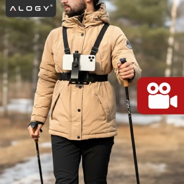 Szelki sportowe na klatkę piersiową – uniwersalny uchwyt do kamery, aparatu i telefonu, stabilne nagrywanie POV, regulowane paski – Alogy ChestMount™ Czarne
