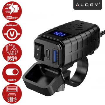Ładowarka Motocyklowa z Wyświetlaczem, Szybkie Ładowanie 36W PD + QC 3.0, Porty USB-A i USB-C, Wodoodporna i Solidna, Alogy MotoCharge Pro™ – Czarna