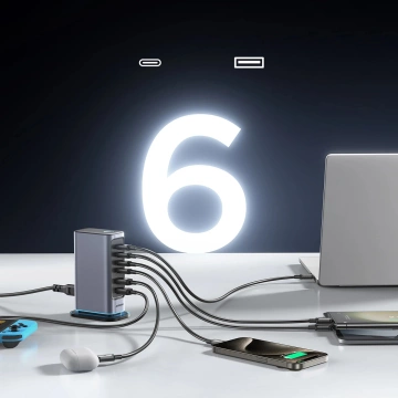 Wieloportowa ładowarka Joyroom 65W GaN, 4x USB-C, 2x USB-A, ciemnoszara