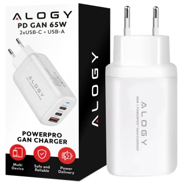 Ładowarka Sieciowa Szybka 3w1 do telefonu samsung iphone GaN3 65W PD i QC, Porty 2x USB-C 65W + USB-A 30W, Alogy GaNCharge Compact™ – Biała