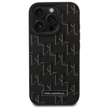 Karl Lagerfeld Hülle für iPhone 16 Pro Max 6,9" MagSafe Hardcase Schwarzes Leder Monogramm Metall Logo